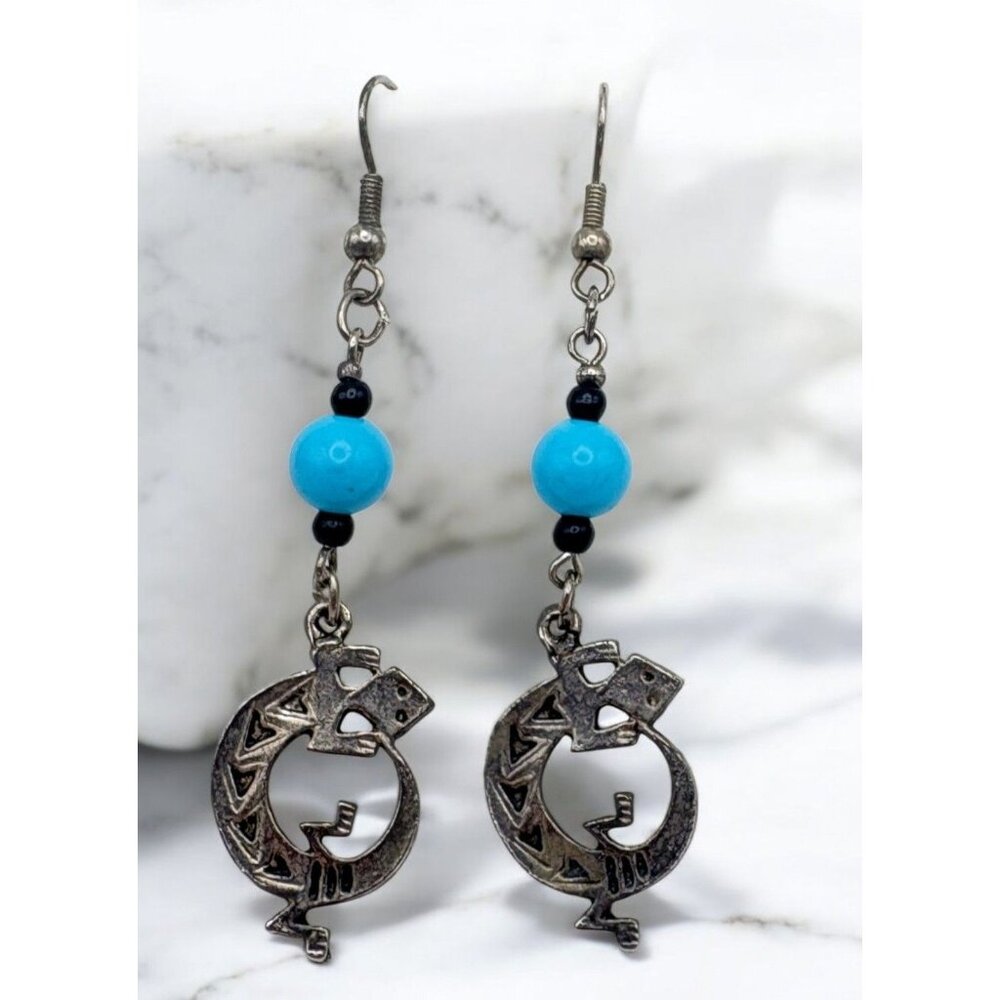 Vintage Lizard Dangle Earrings Silver Tone With Bead Accents Desert Gecko